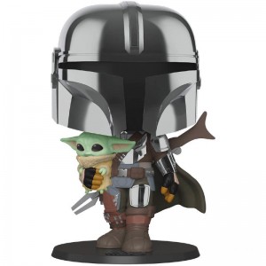 Star Wars The Mandalorian with Chrome Armour Carrying Baby Yoda 10-Inch Funko Pop! Vinyl - Clearance Sale