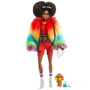 Barbie Extra Doll in Rainbow Coat with Pet Dog Toy - Clearance Sale